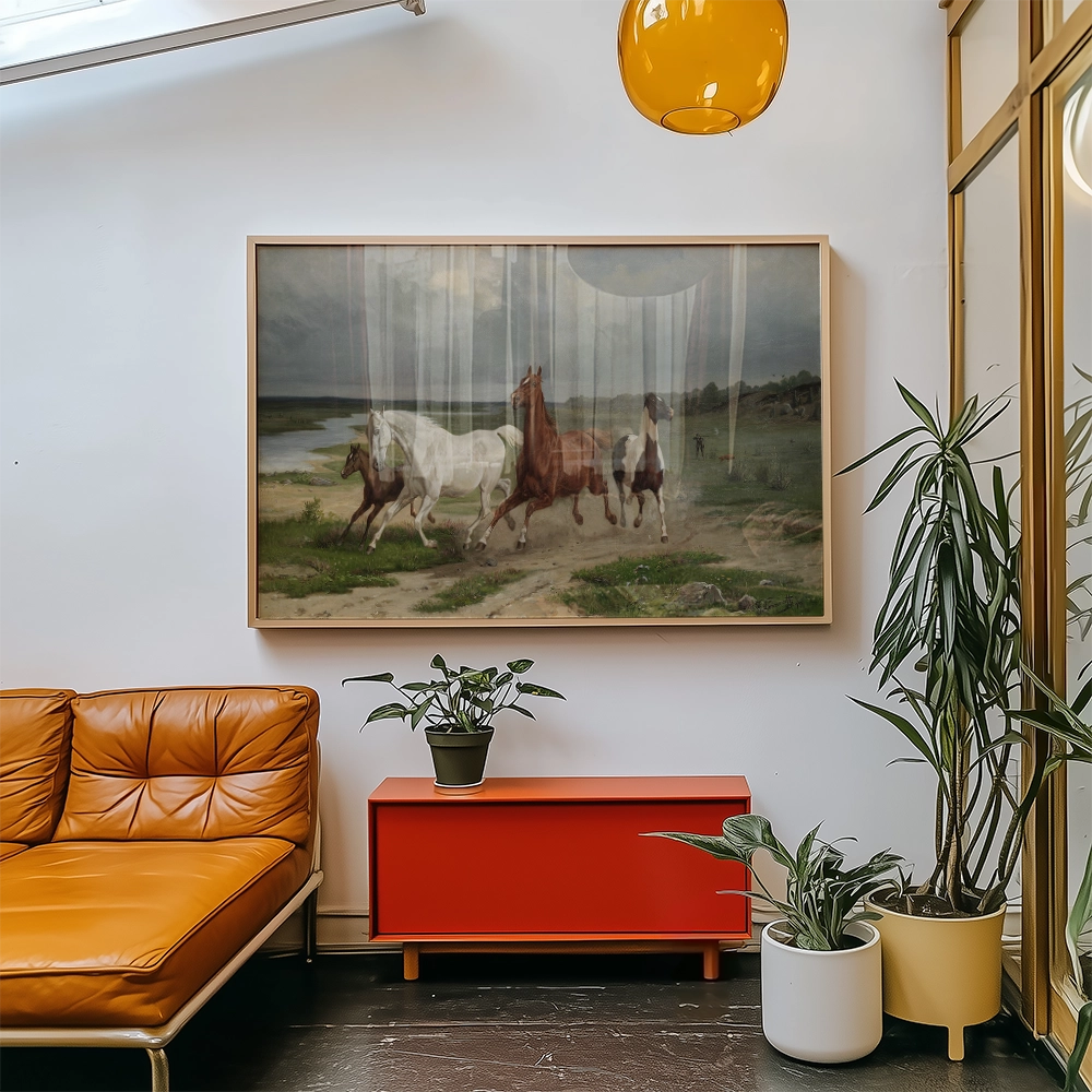 Framed painting of running horses in a serene landscape, displayed in a modern living room with a leather sofa and decorative plants.