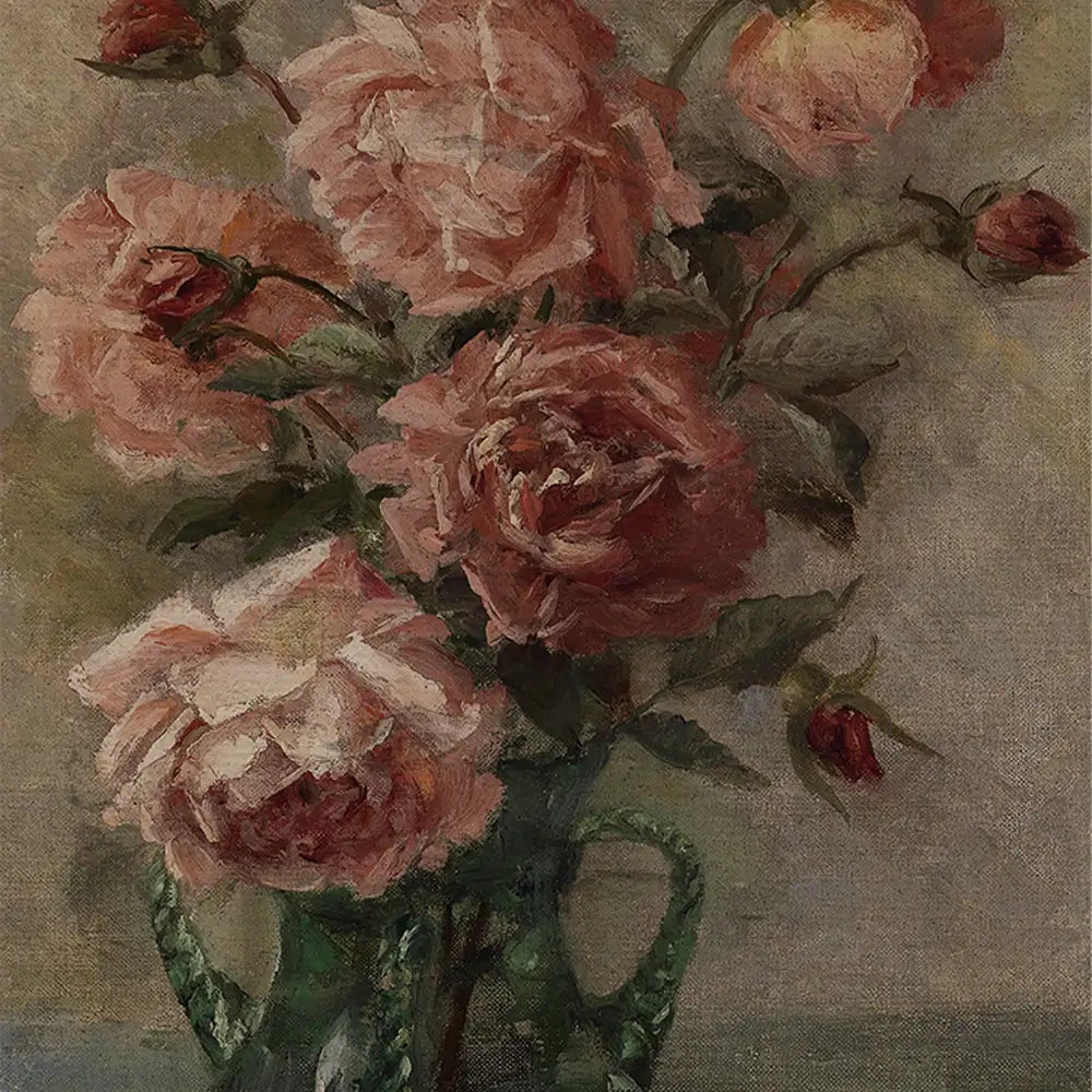 Painting of pink roses in a green vase on a textured background.