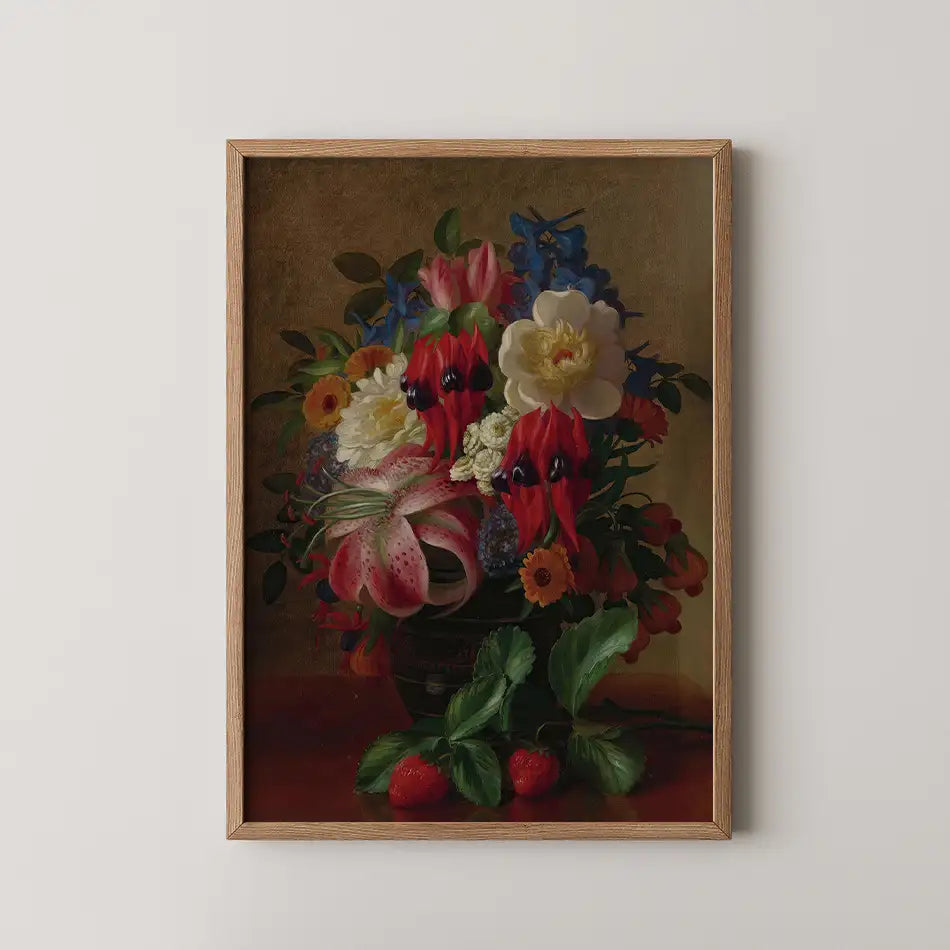A beautifully framed painting of a vibrant flower bouquet featuring red and white blooms, blue flowers, and green leaves, displayed against a textured background with strawberries underneath.