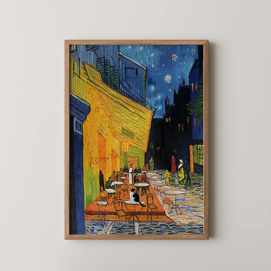 Painting of a vibrant café scene at night, with outdoor seating illuminated by warm yellow light under a starry sky, framed in natural wood.