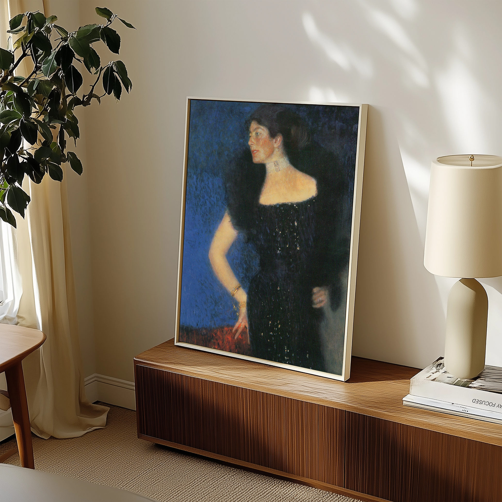 Elegant portrait painting of a woman in a black dress with a fur stole, displayed on a wooden console table in a cozy room with natural light.