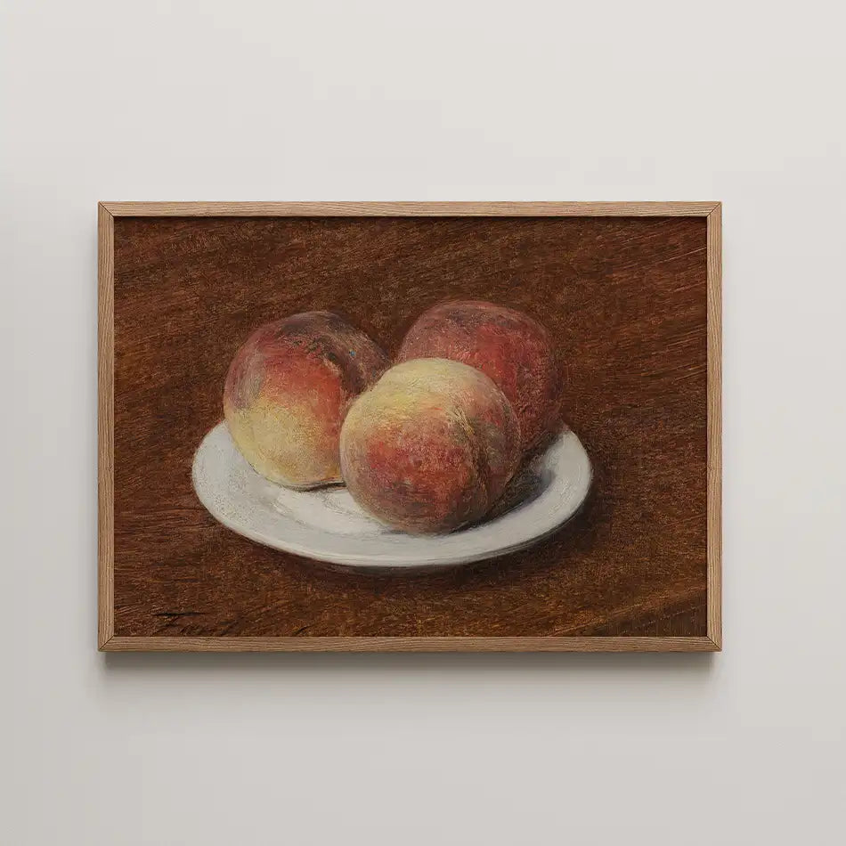 Painting of three peaches on a white plate against a brown background, framed in wood.