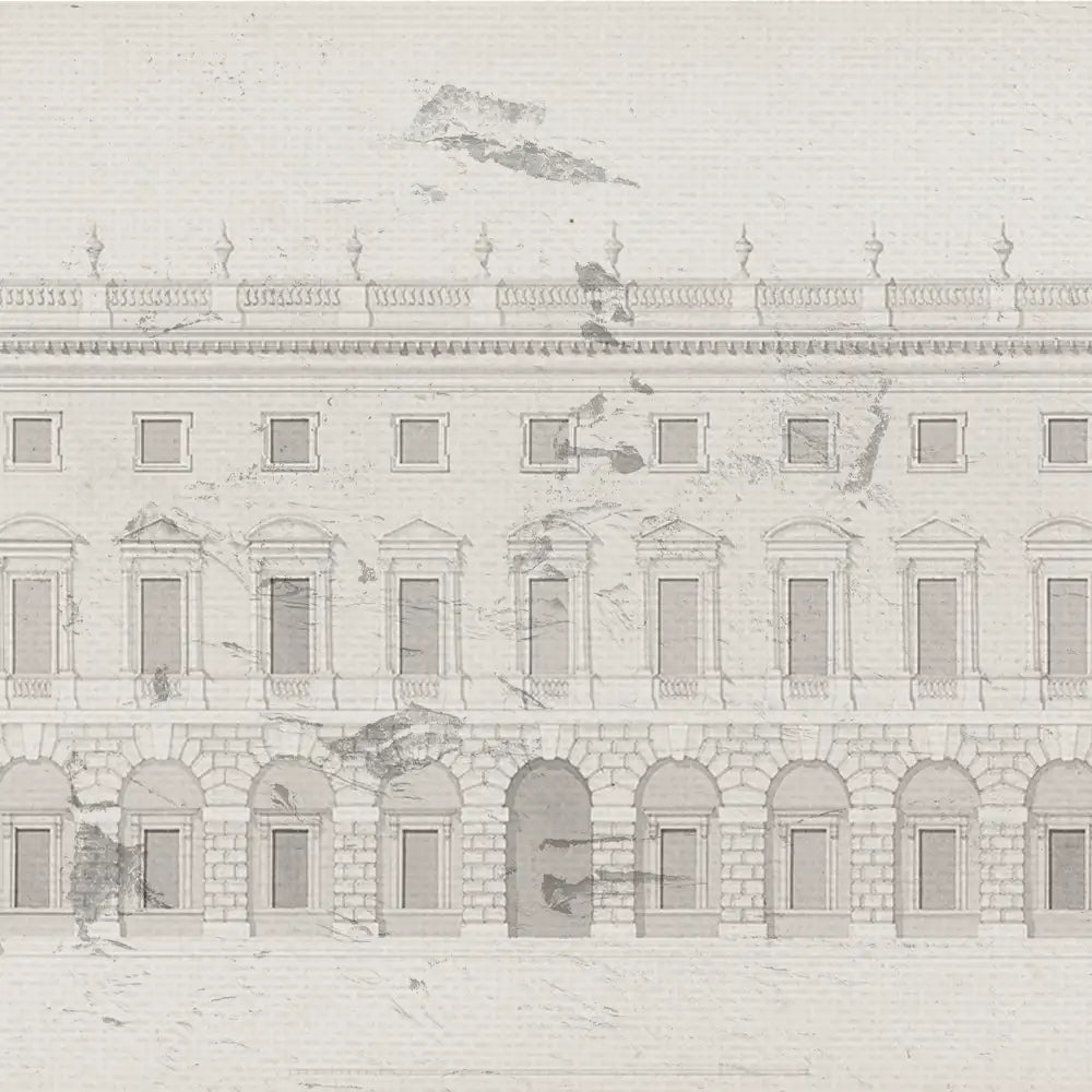 Architectural illustration of a classical building facade featuring arched windows and decorative elements in muted tones.