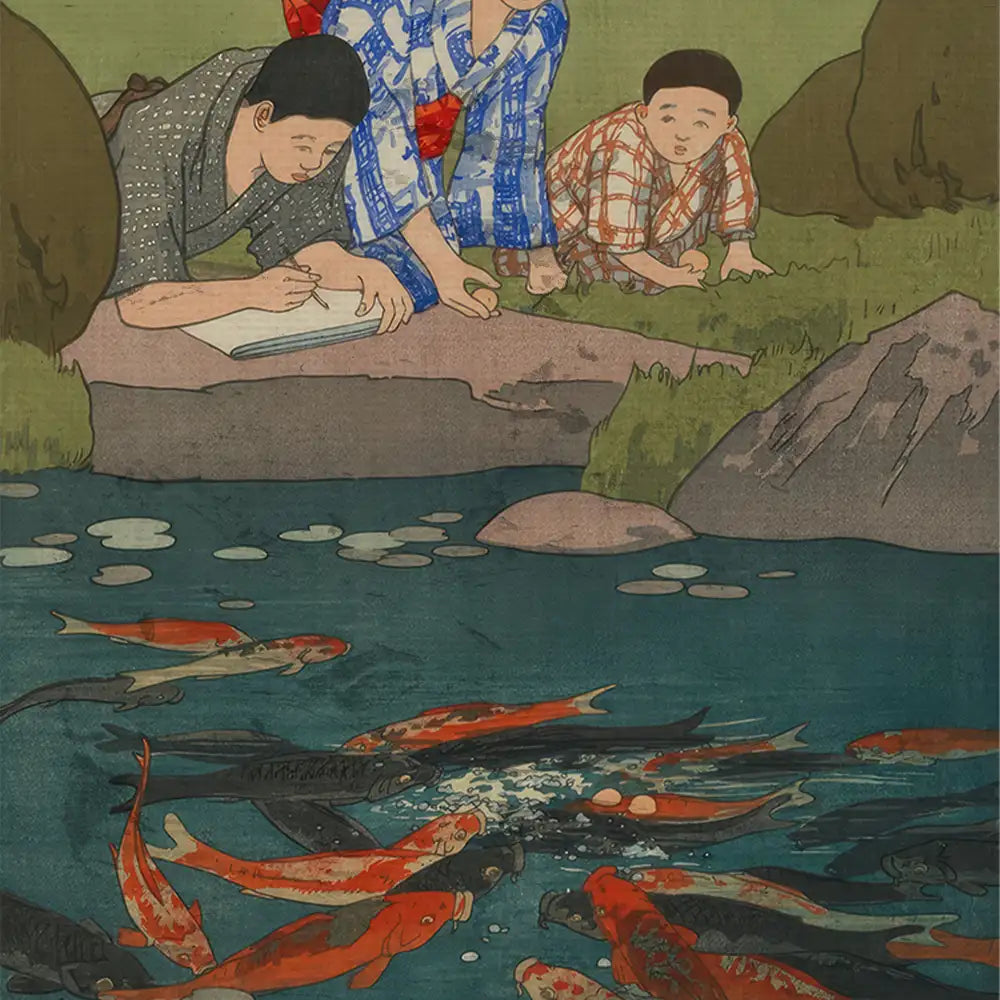 Colorful painting of three figures by a pond, with koi fish swimming in the water, showcasing traditional Japanese attire and a serene natural setting.