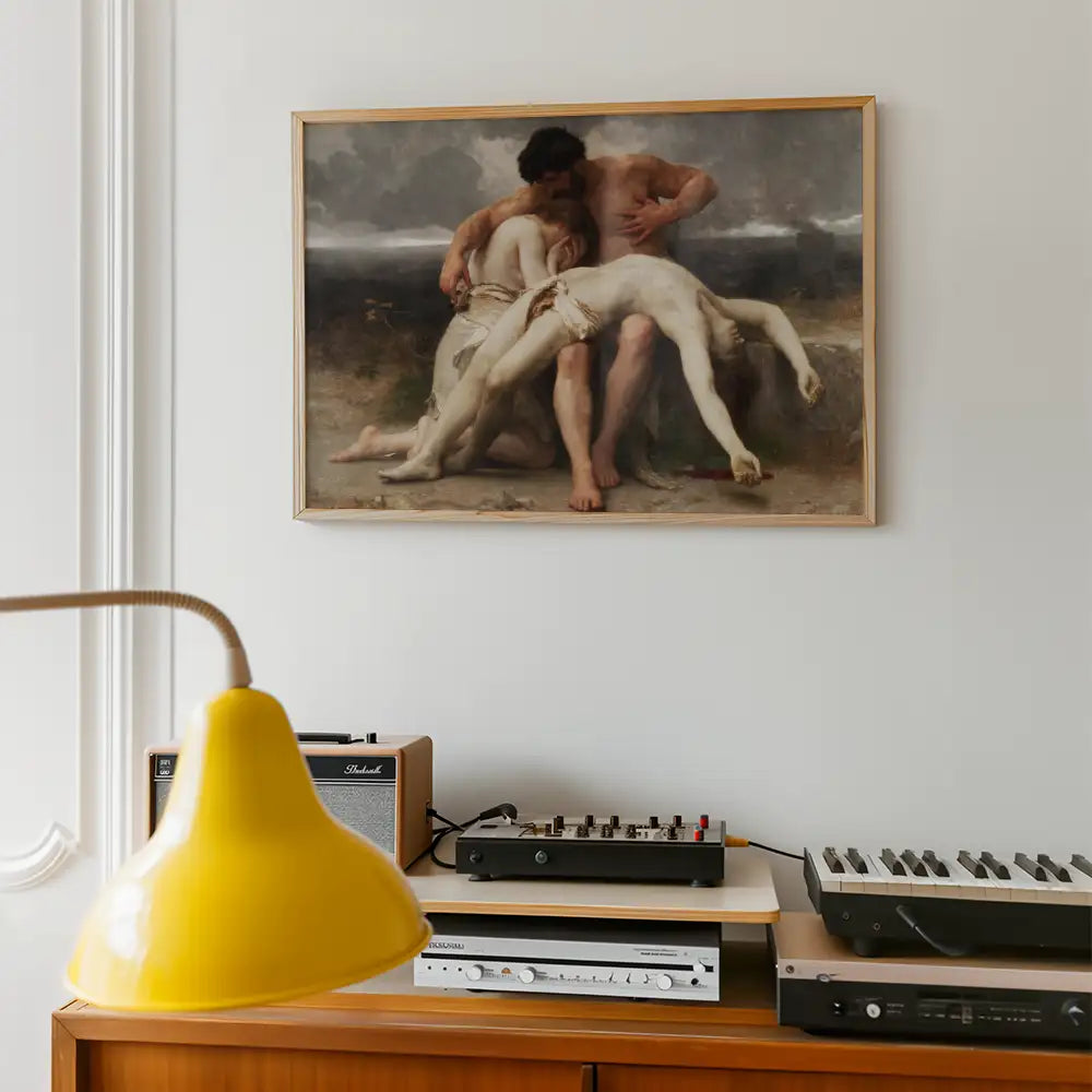 Painting of two figures embracing, hung above a wooden console with a yellow lamp and audio equipment.