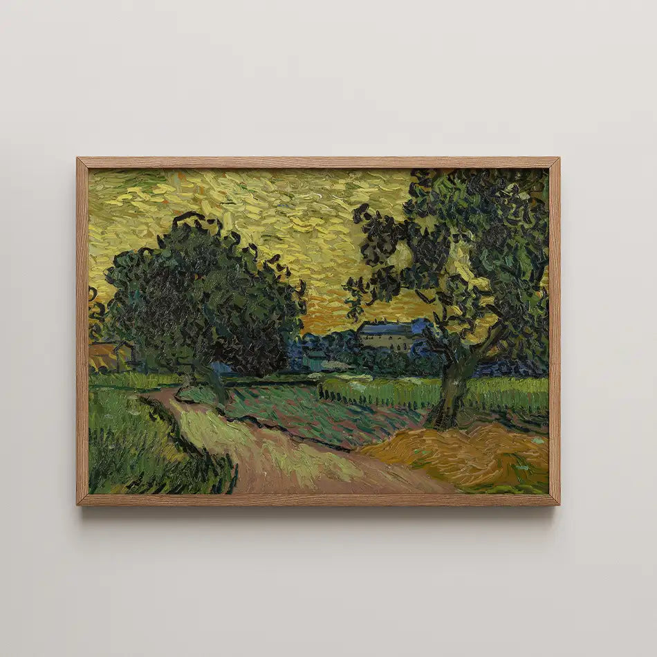 Framed painting of a rural landscape featuring a winding path, trees, and a colorful sky with swirling patterns.