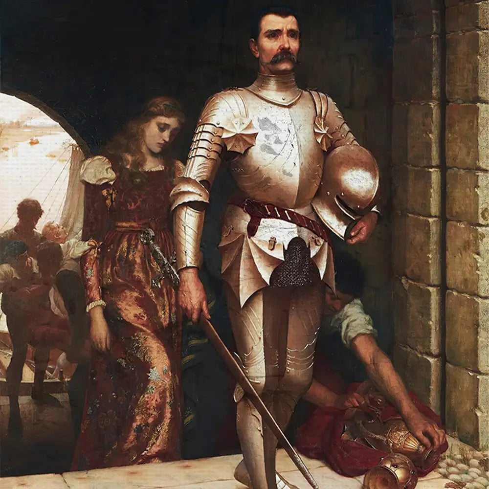 A historical painting featuring a knight in shining armor holding a sword, standing beside a woman in a richly decorated dress, with a dimly lit background depicting a group of figures.