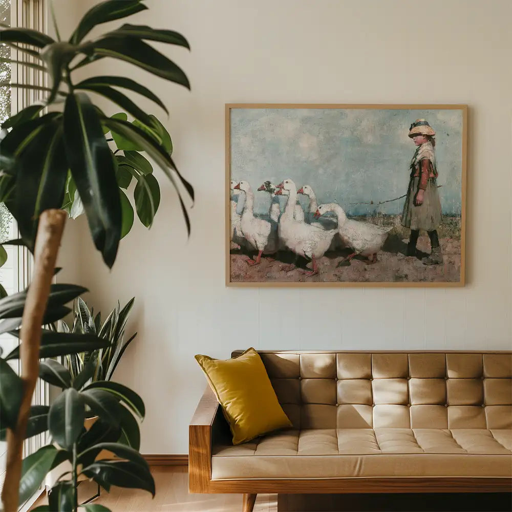 Painting of a girl walking a line of geese, framed and hung on a wall above a modern couch in a cozy interior space with plants.