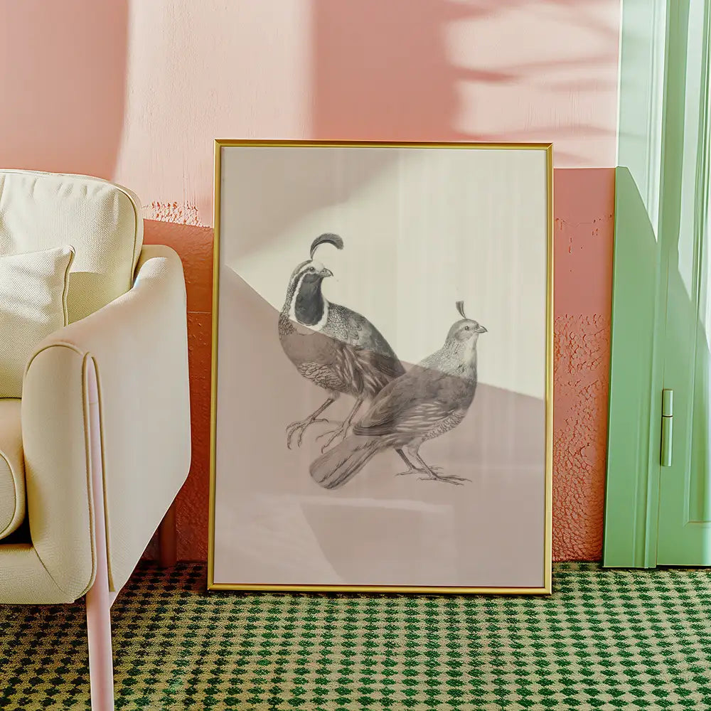 Framed art print featuring two stylized quail birds on a soft background, displayed in a modern living room setting with a light-colored armchair and patterned rug.