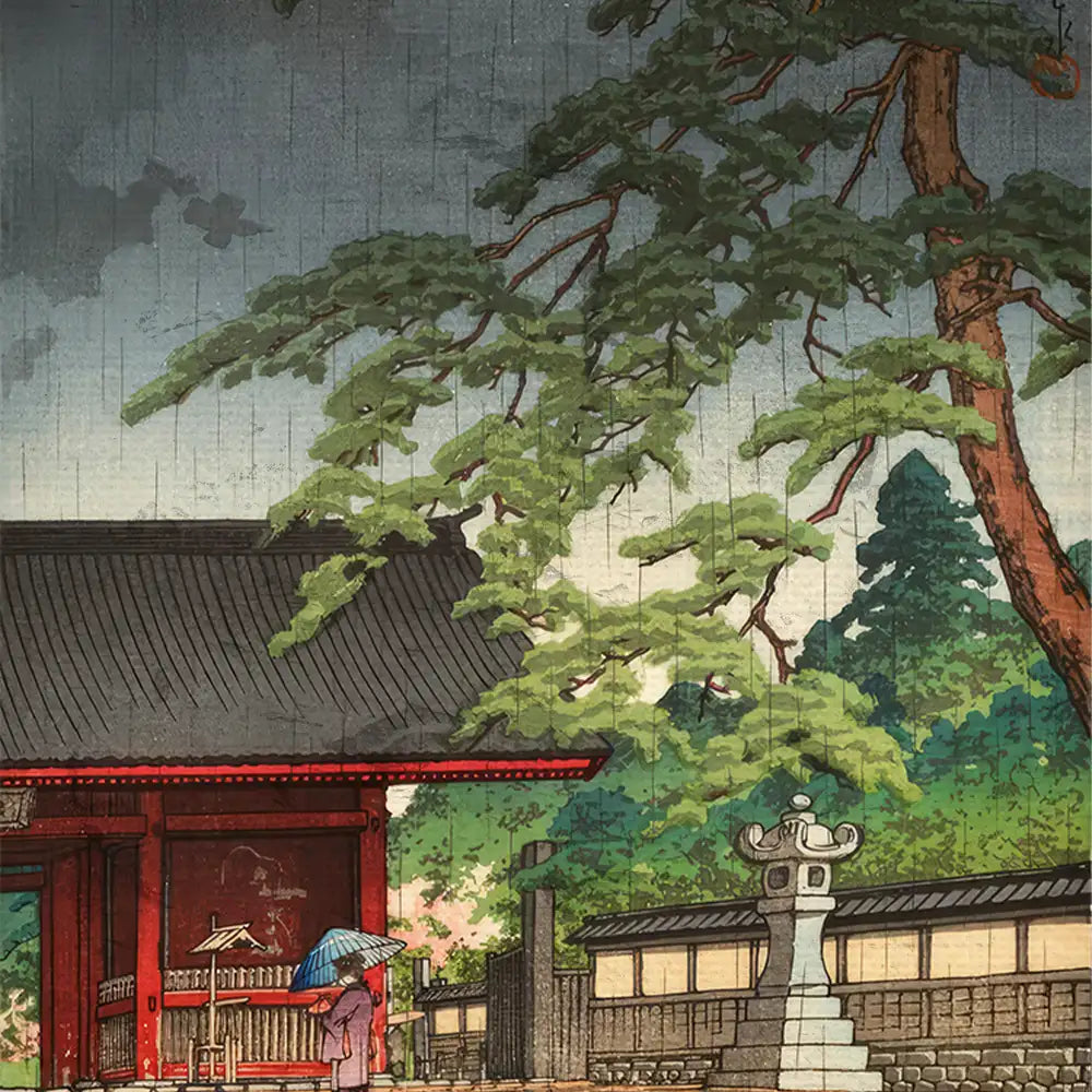 Japanese traditional landscape painting featuring a temple, cherry blossoms, and a woman with an umbrella under a large tree.