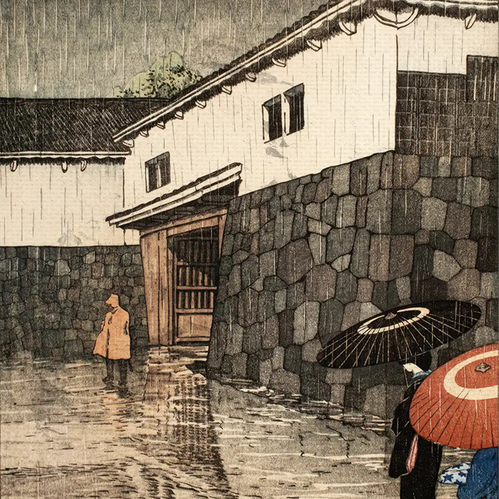 Painting of a serene scene depicting a figure in a raincoat standing by a stone wall, with traditional Japanese umbrellas in the foreground, capturing a tranquil moment in the rain.