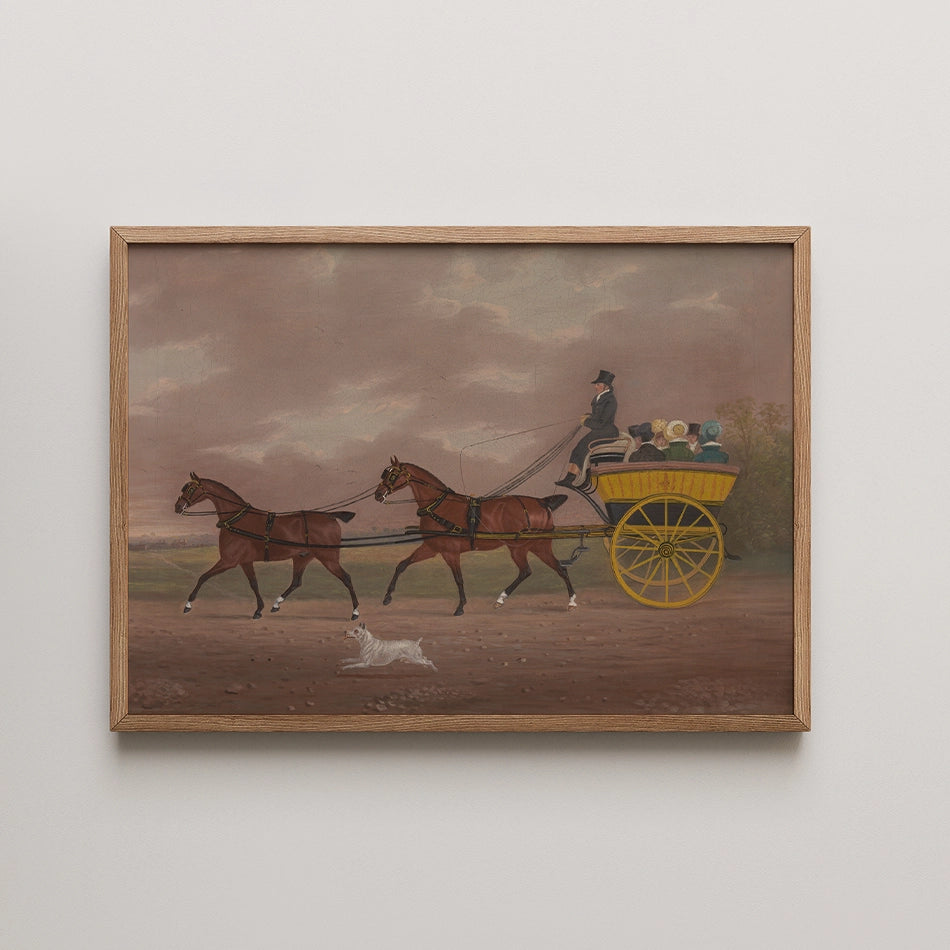Vintage painting of a horse-drawn carriage with a driver and passengers, featuring two brown horses and a yellow cart against a cloudy sky.