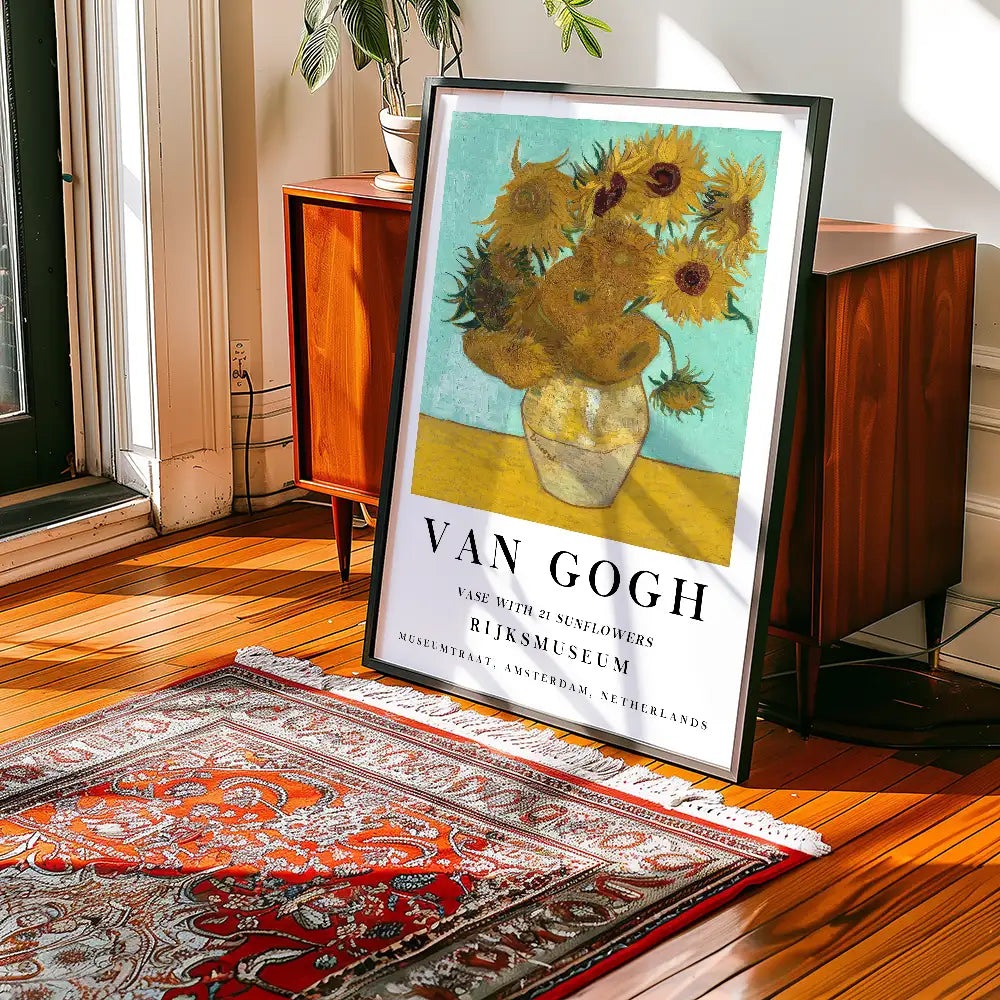 Van Gogh "Vase with 21 Sunflowers" art print displayed in a stylish living room setting with wooden flooring and a decorative rug.