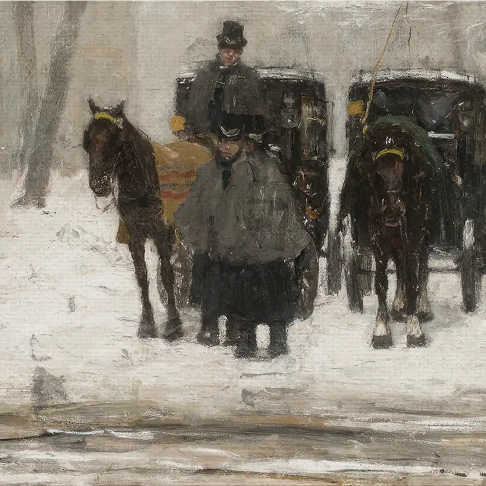 Winter scene painting featuring two horse-drawn carriages, two individuals dressed in vintage coats and hats, and snow-covered ground.