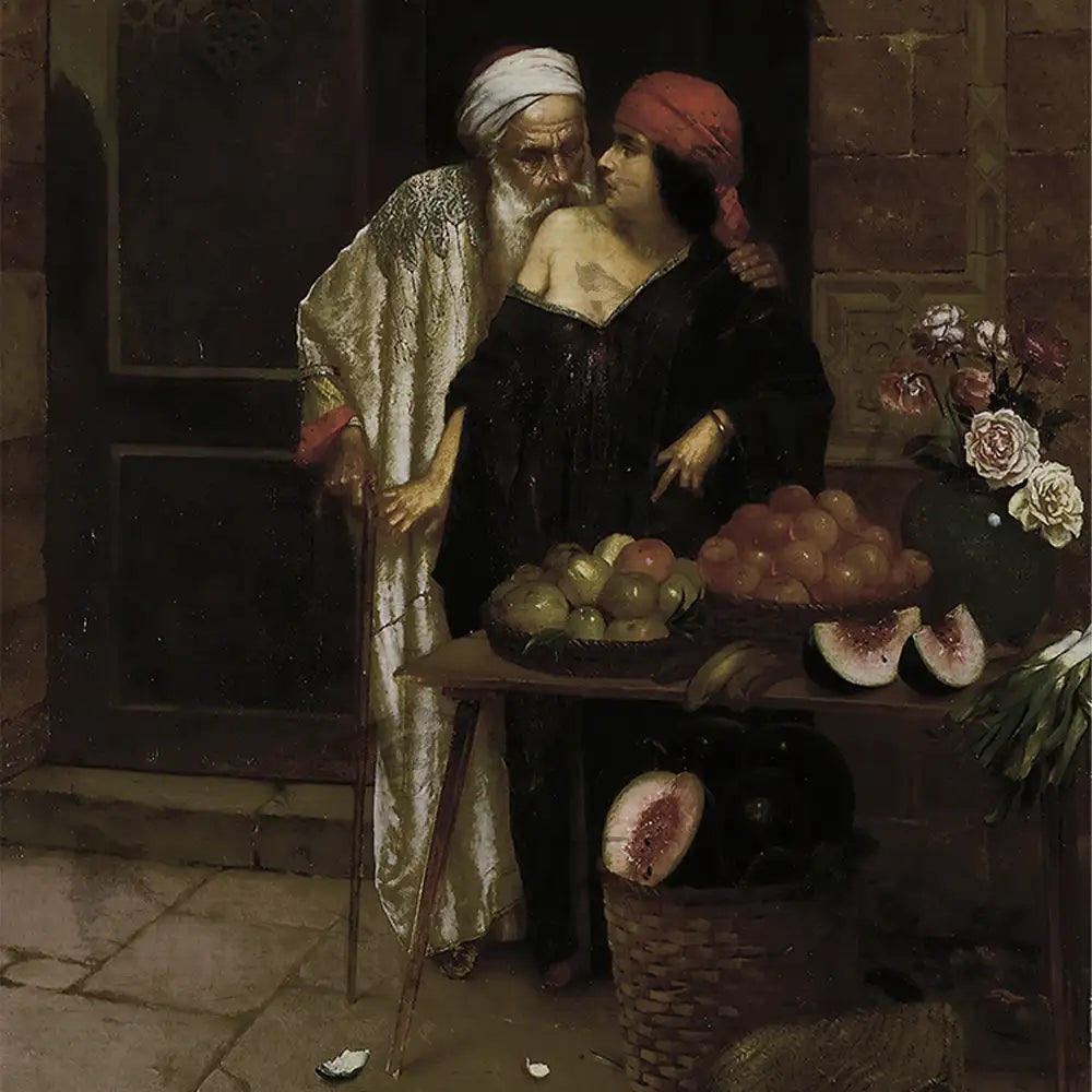 A vintage artwork featuring a man whispering to a woman in traditional clothing, standing beside a table filled with various fruits, including apples, bananas, and watermelons, set against a textured background.