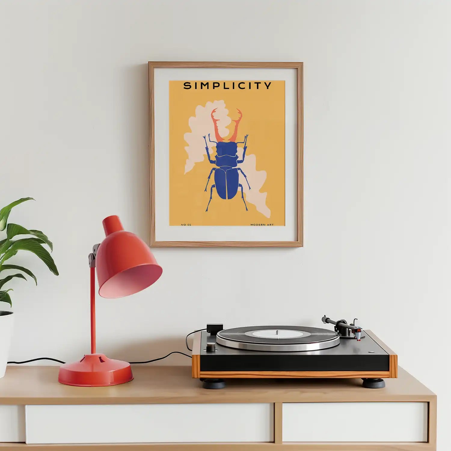 Modern poster featuring a stylized blue beetle on a yellow background with the word "Simplicity," ideal for home decor and art lovers.