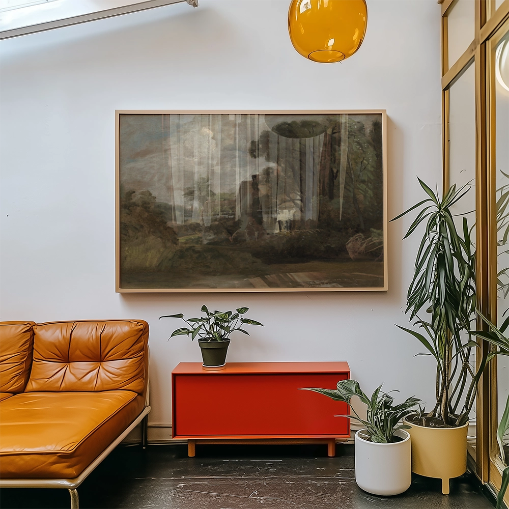 Framed painting of a serene landscape hanging above a modern orange couch in a stylish interior setting with plants and decorative furniture.
