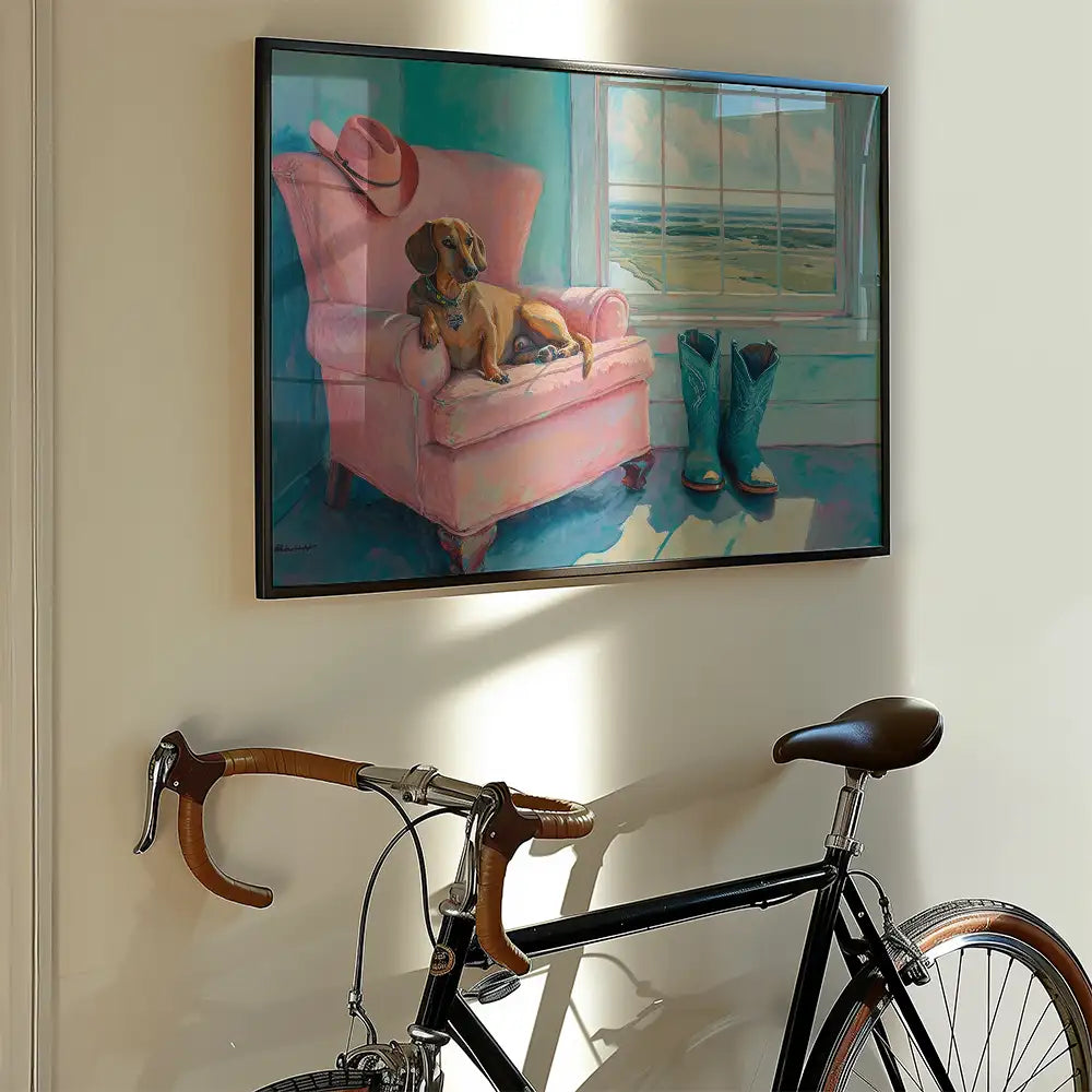 Modern poster featuring a relaxed dachshund on a pink armchair beside cowboy boots, with a scenic window view, ideal for dog lovers and home decor.