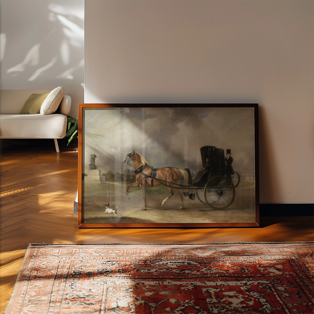 Painting of a horse-drawn carriage with a man in a top hat and a small dog on a wooden floor next to a rug.