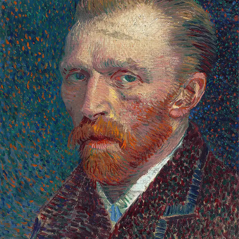 Self-portrait painting with vibrant brush strokes, featuring a man with red hair and beard against a dark blue background.