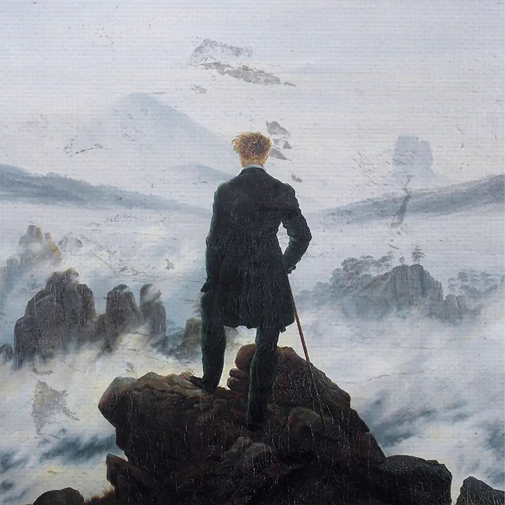 A figure in a black coat standing on a rocky cliff, gazing at misty mountains in a serene landscape painting.