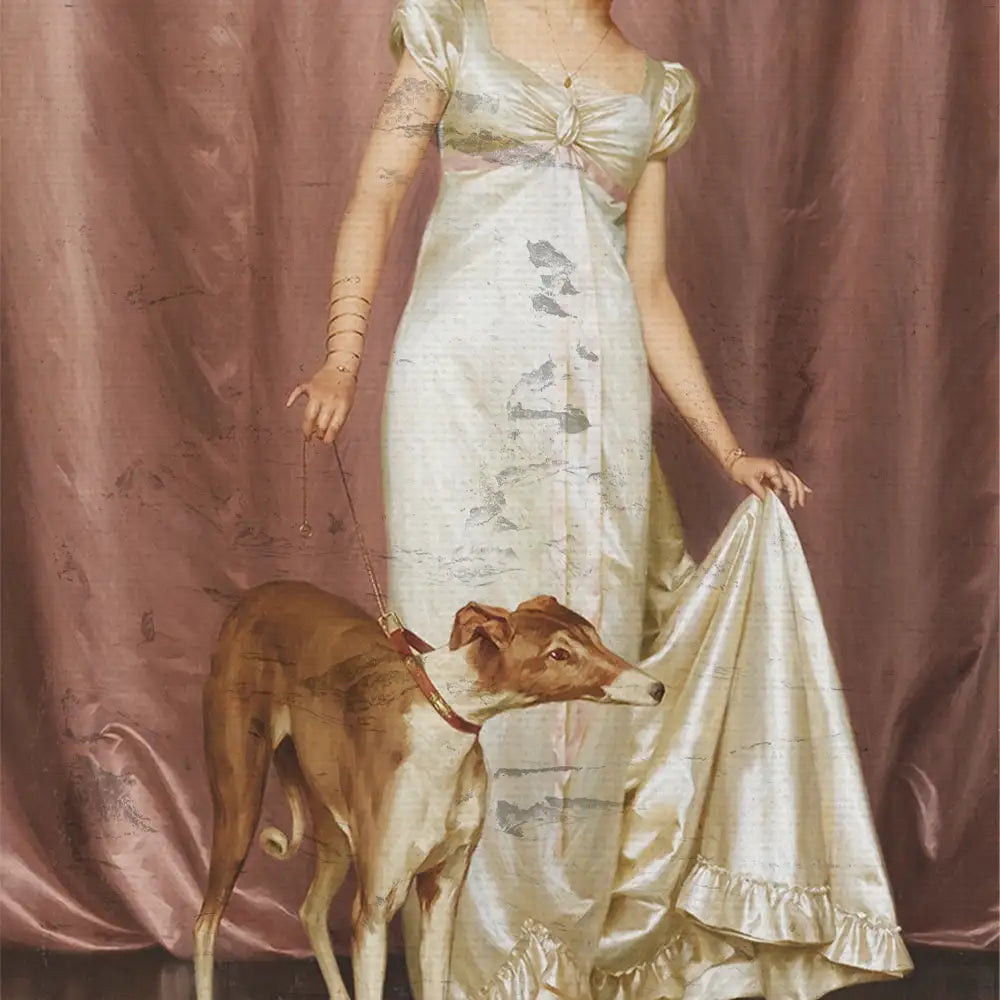 Portrait of a woman in a shimmering silver gown holding a greyhound on a leash, standing against a pink backdrop.