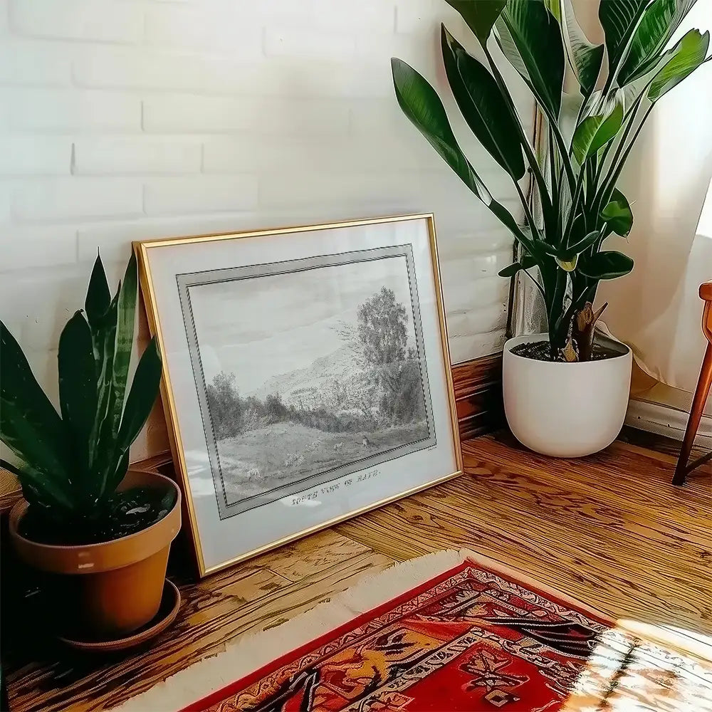 Framed black and white landscape painting titled "Southern View of Malta" leaning against a wall next to potted plants and a patterned rug.