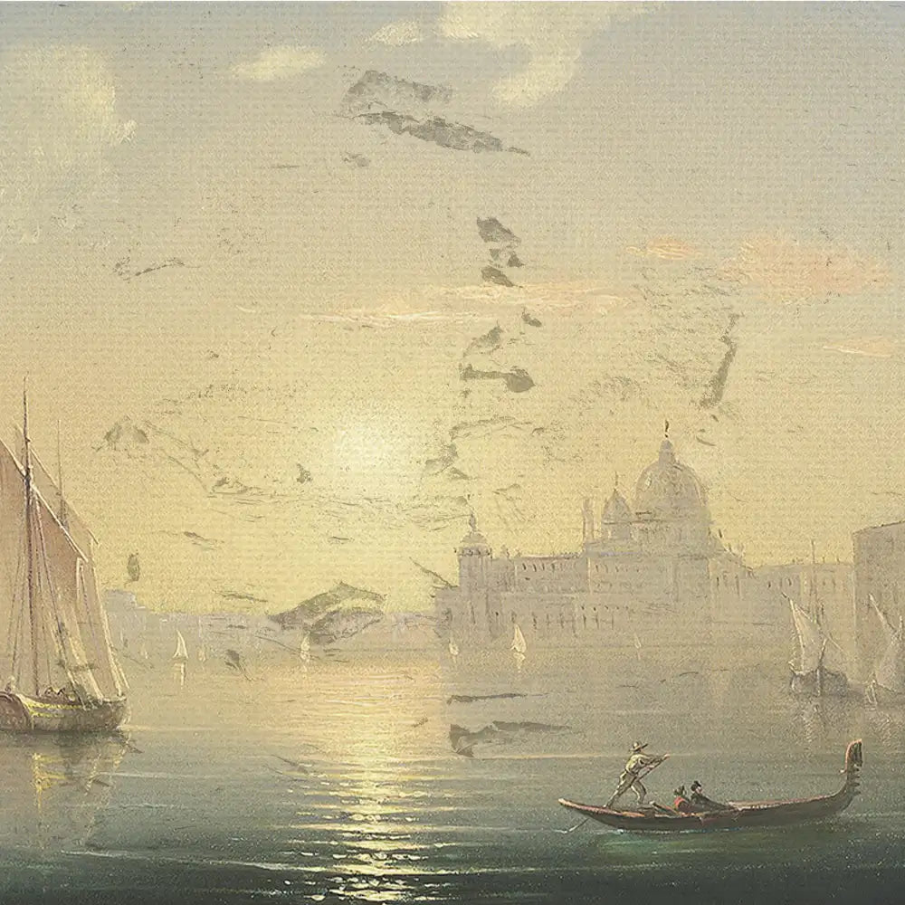A serene painting of a Venetian landscape at sunset, featuring gondolas and sailboats on calm waters with soft reflections of historic buildings and a domed structure in the background.