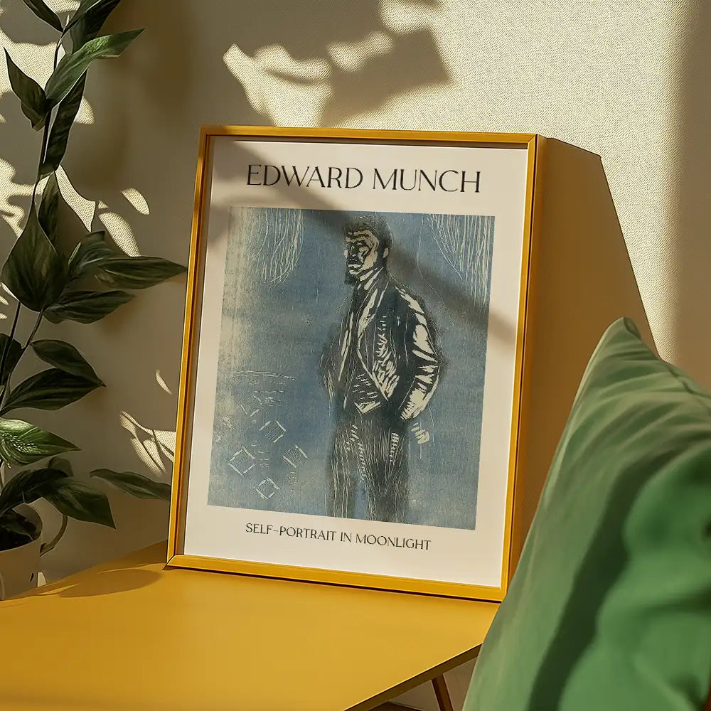 Framed poster of Edward Munch's "Self-Portrait in Moonlight" displayed on a yellow table with a green cushion and indoor plants in the background.