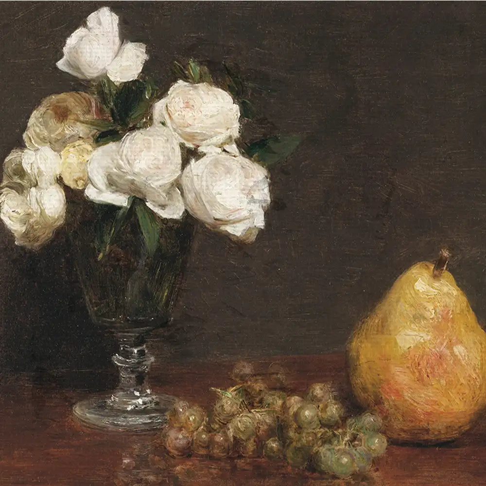 Still life painting featuring white roses in a glass vase, accompanied by a pear and a cluster of grapes on a wooden surface.