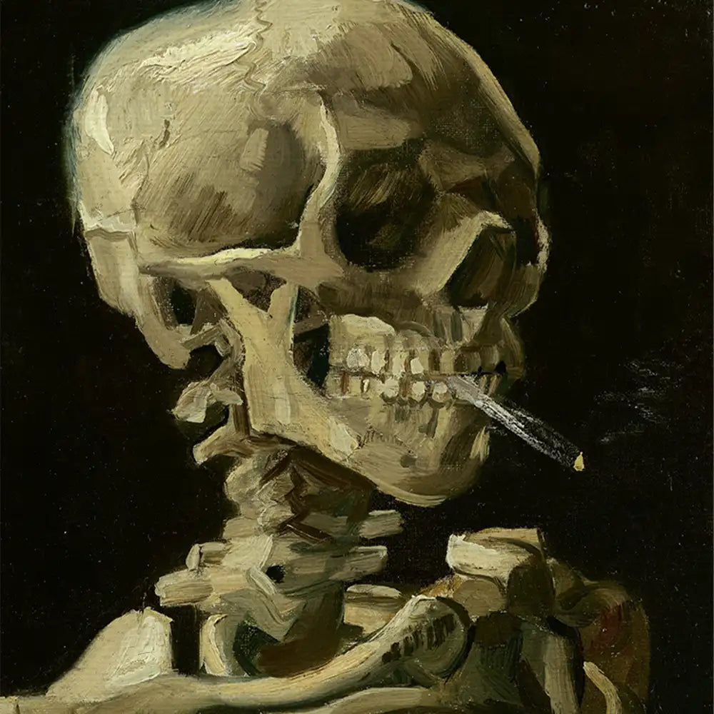 Skeleton smoking cigarette painting on a dark background.