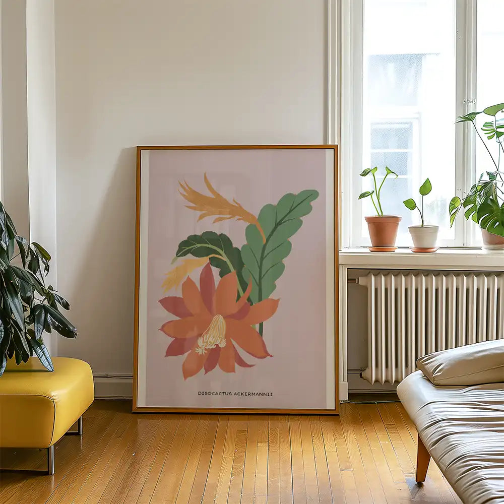 Modern poster of a vibrant floral artwork featuring a Disocactus Ackermannii, displayed in a stylish living room setting with houseplants and natural light.