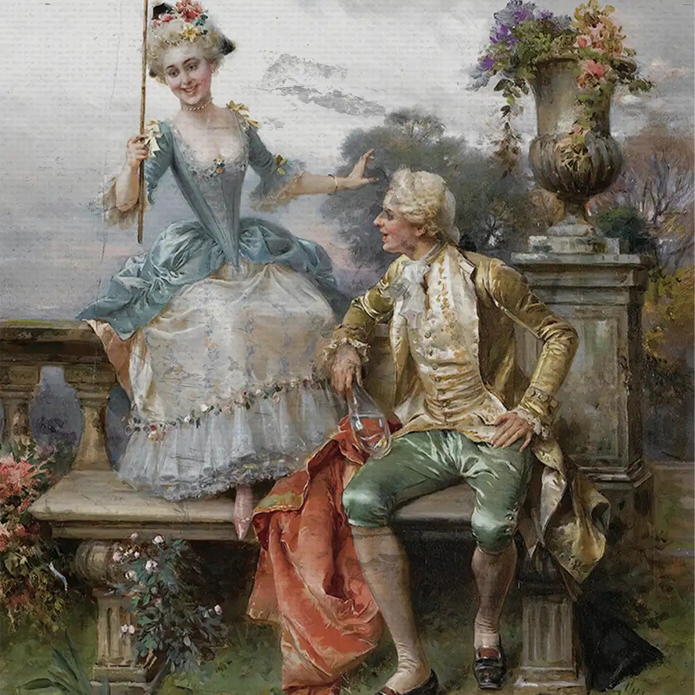 A romantic outdoor scene featuring a man in 18th-century attire seated next to a woman holding a parasol, both surrounded by colorful flowers and classical architecture.