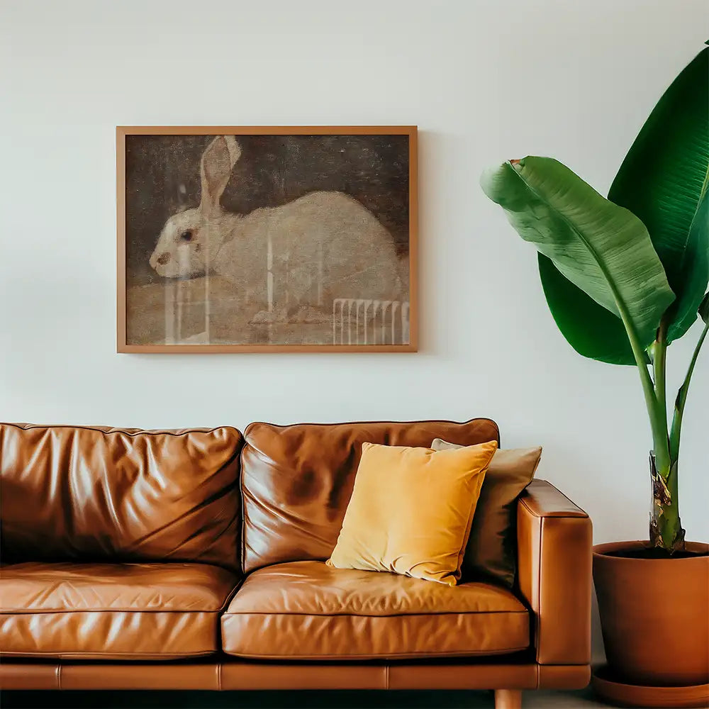 Painting of a white rabbit framed above a brown leather couch with a yellow pillow, alongside a green plant.