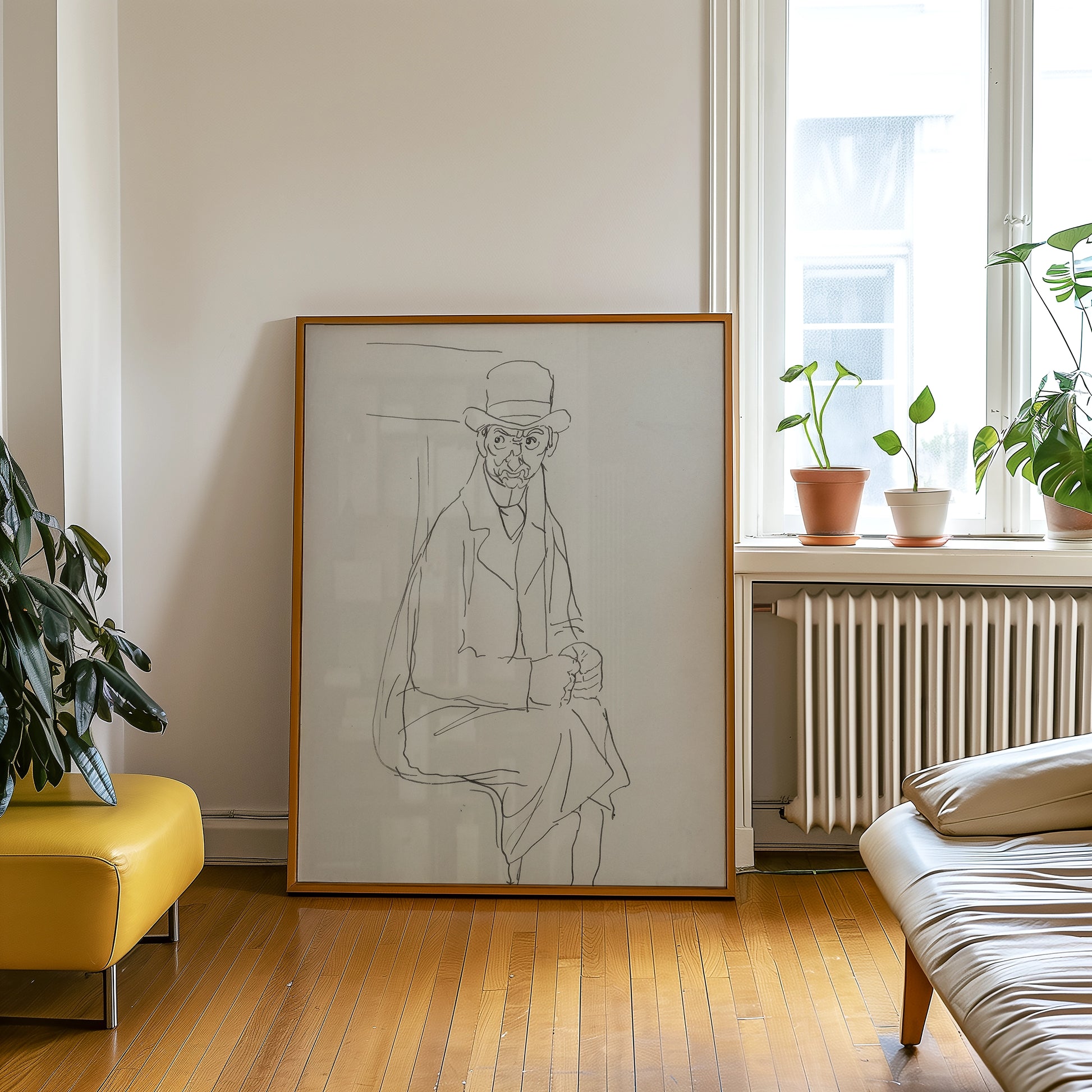 Framed sketch of a man wearing a hat, seated in a cozy, modern living room with plants and contemporary furniture.