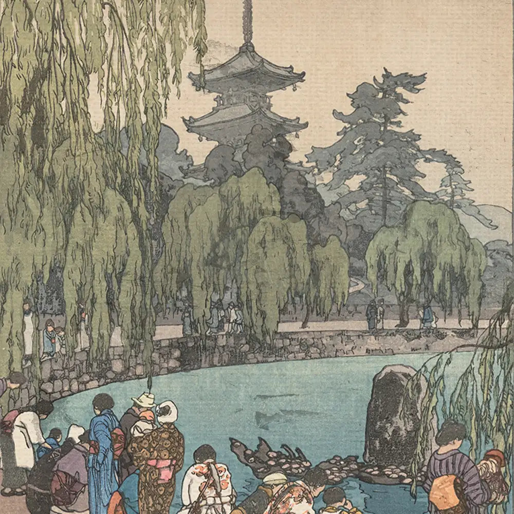 A serene landscape painting featuring a pond surrounded by willow trees, traditional Japanese architecture in the background, and figures dressed in historical attire, creating a tranquil scene.