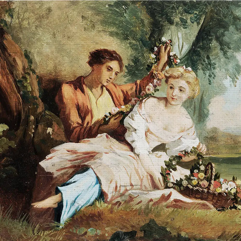 Painting of a young man placing a floral crown on a young woman seated beside him, surrounded by greenery and a basket of flowers.