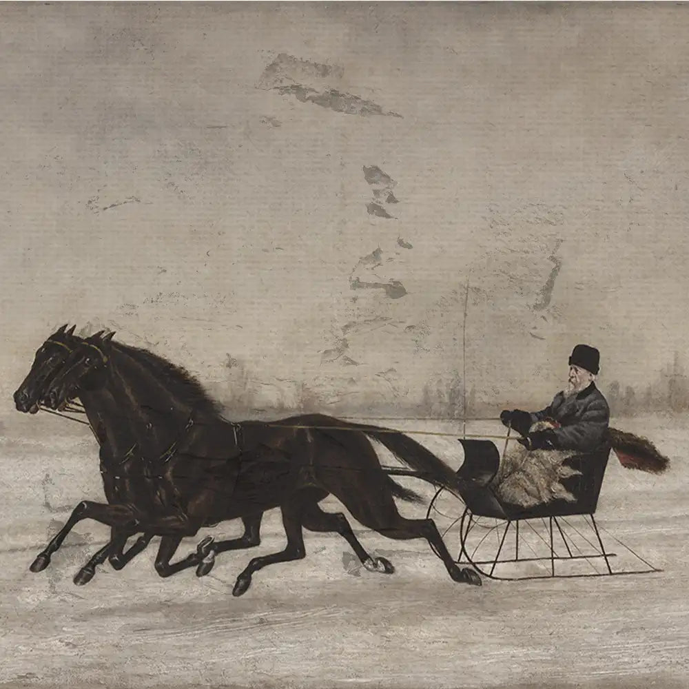A vintage painting featuring a man in a fur coat and hat riding a black sleigh pulled by two galloping horses on a snowy landscape.