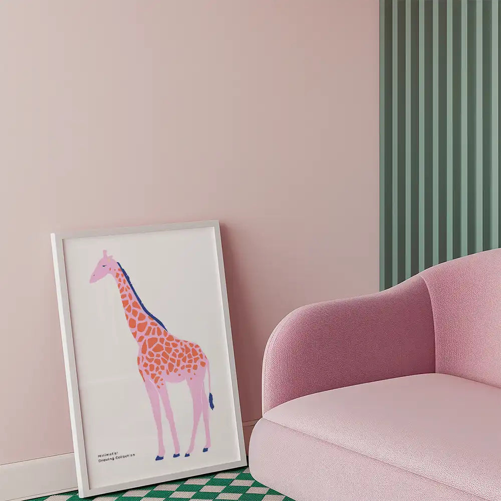 Modern giraffe poster art featuring vibrant colors and playful design, displayed in a stylish interior setting.