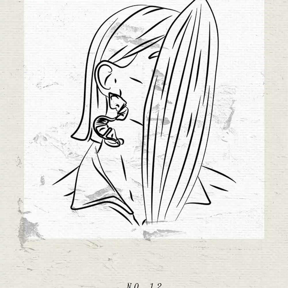 Modern minimalist poster featuring a line art illustration of a woman with long hair and a playful cat earring, perfect for contemporary art lovers.