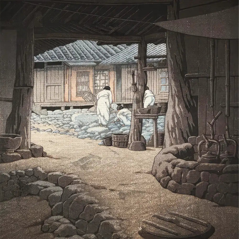 A serene painting depicting traditional workers dressed in white attire busy with tasks in a rustic courtyard, surrounded by stone paths and wooden structures.