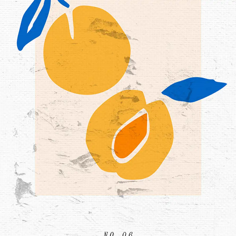 Modern art poster featuring stylized yellow fruits with blue leaves on a textured background, perfect for home decor.