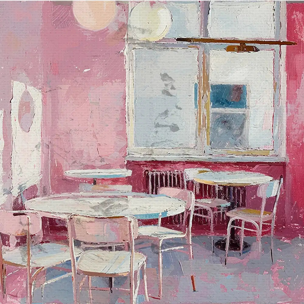 Modern art print of an interior scene featuring pink walls, round tables, and white chairs with a window illuminating the space.
