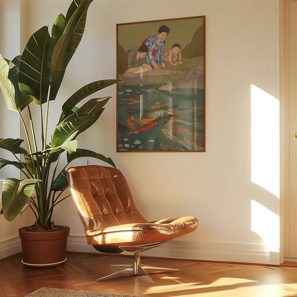 Artistic painting of children observing koi fish by a water's edge, framed and displayed in a stylish interior with a modern brown chair and a large green plant.