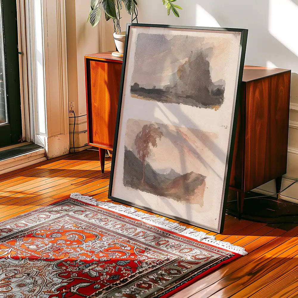 Framed abstract painting leaning against a wooden cabinet on a wooden floor with a red patterned rug underneath.