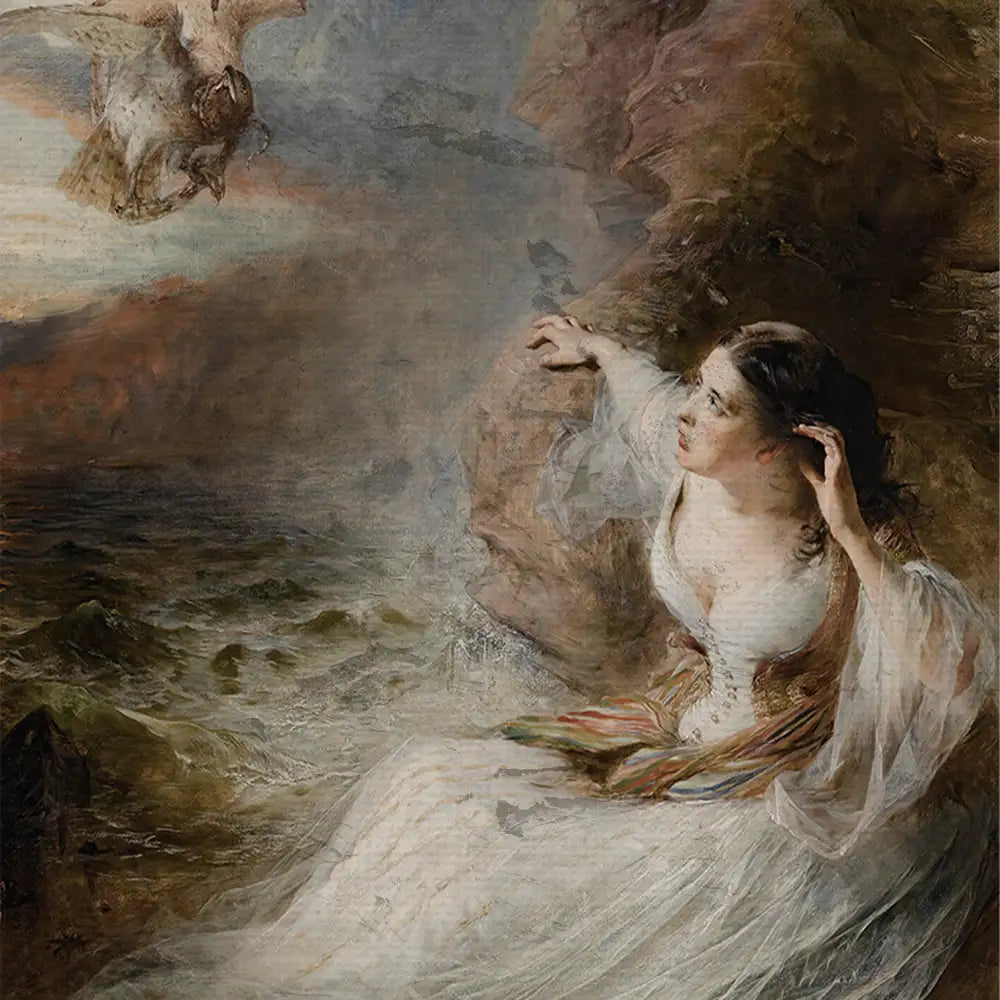 A woman in a flowing dress looks up in surprise at an owl flying overhead against a dramatic seascape background.