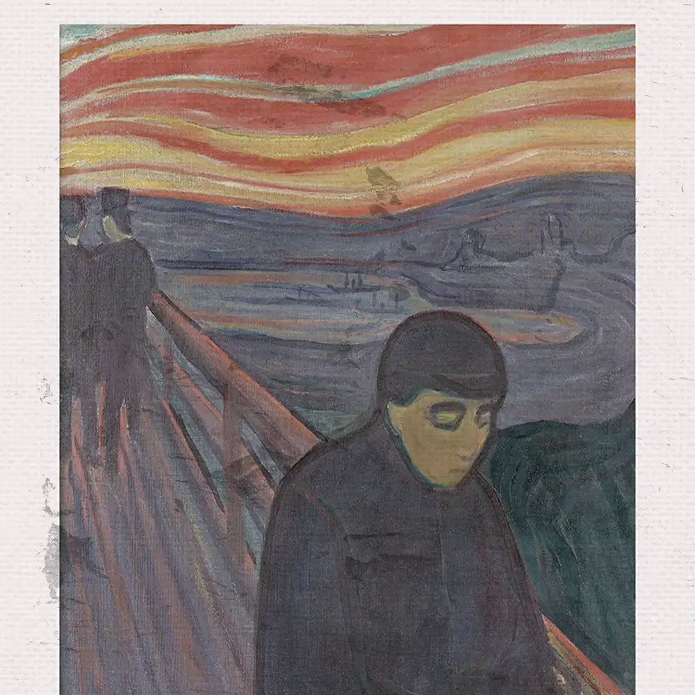 Painting of a figure in a dark coat standing on a bridge with a sunset in the background featuring swirling reds and oranges, evoking a sense of introspection and emotion.