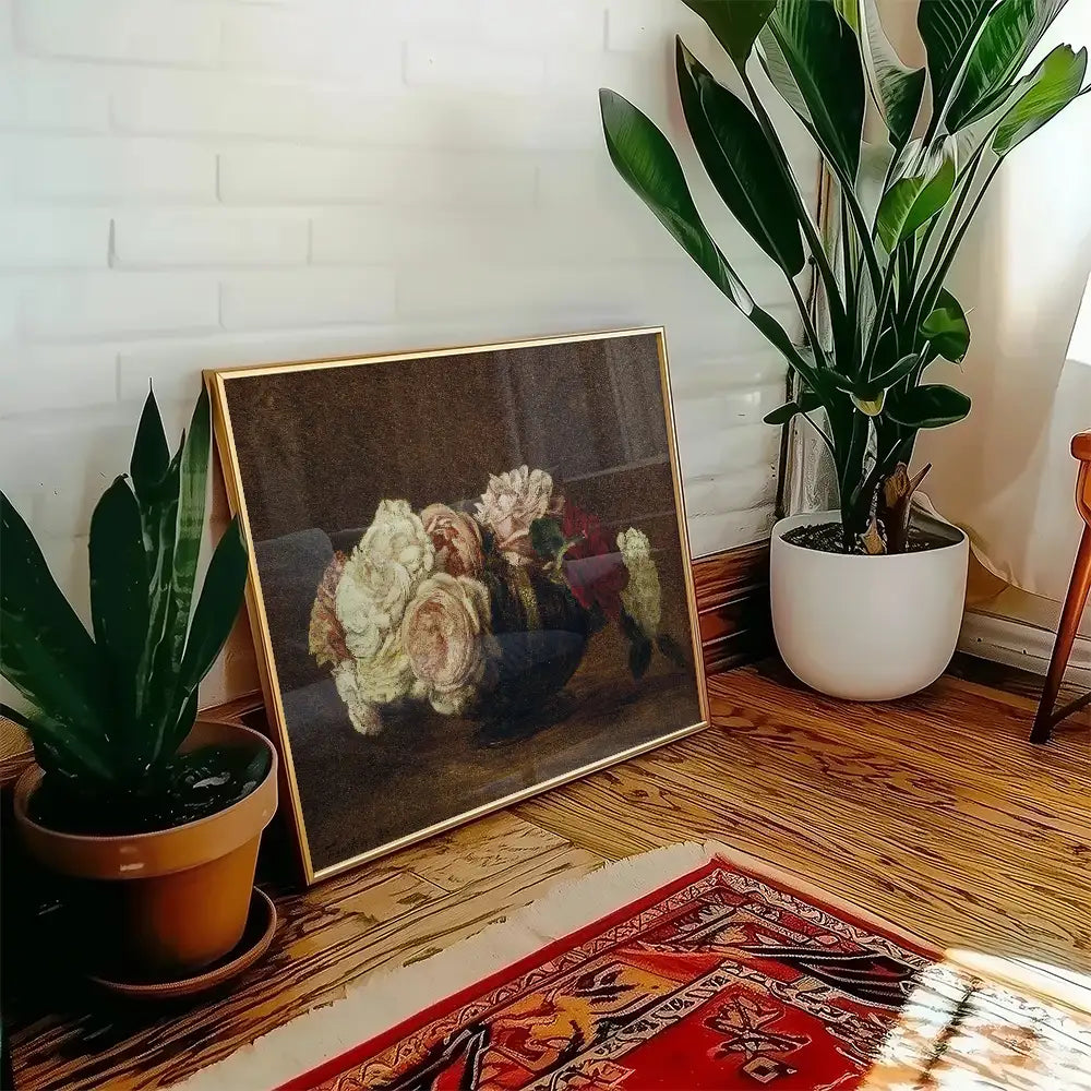 Painting of a floral arrangement in a gold frame placed next to potted plants in a bright interior setting.