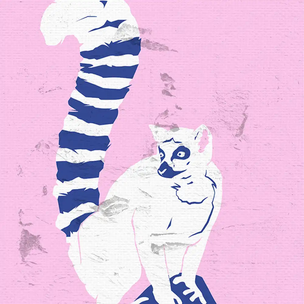 Modern art poster featuring a stylized lemur against a pink background with bold graphic elements.