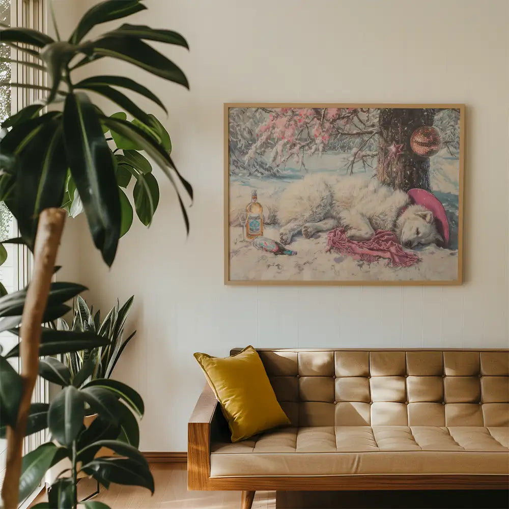 Modern reprint of a famous painting featuring a sleeping dog under a snowy tree, with decorative elements and a cozy interior setting.
